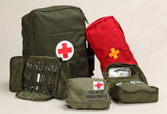 military-tactical-medical-first-aid-kits-ehmke Array of custom military soft-sided tactical medical kits and trauma pouches sewn by Ehmke Manufacturing.