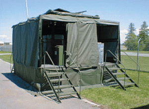 Heavy-duty tactical fabric covers and enclosures for mobile military kitchen trailers.