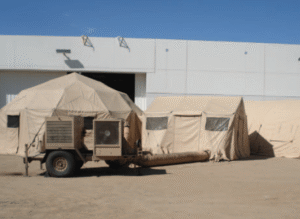 Fabric shelter components and support equipment engineered for US Marine Corps temporary field setups.