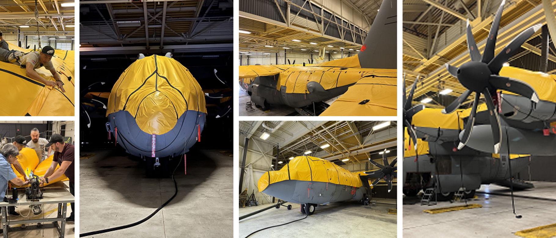 Skyshield-hailstorm-protective-cover-c130-ehmke SkyShield hailstorm protective aircraft cover fitted on a C-130 military transport plane.