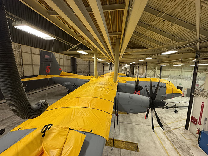 SkyShield hailstorm protective aircraft cover fitted on a C-130 military transport plane.